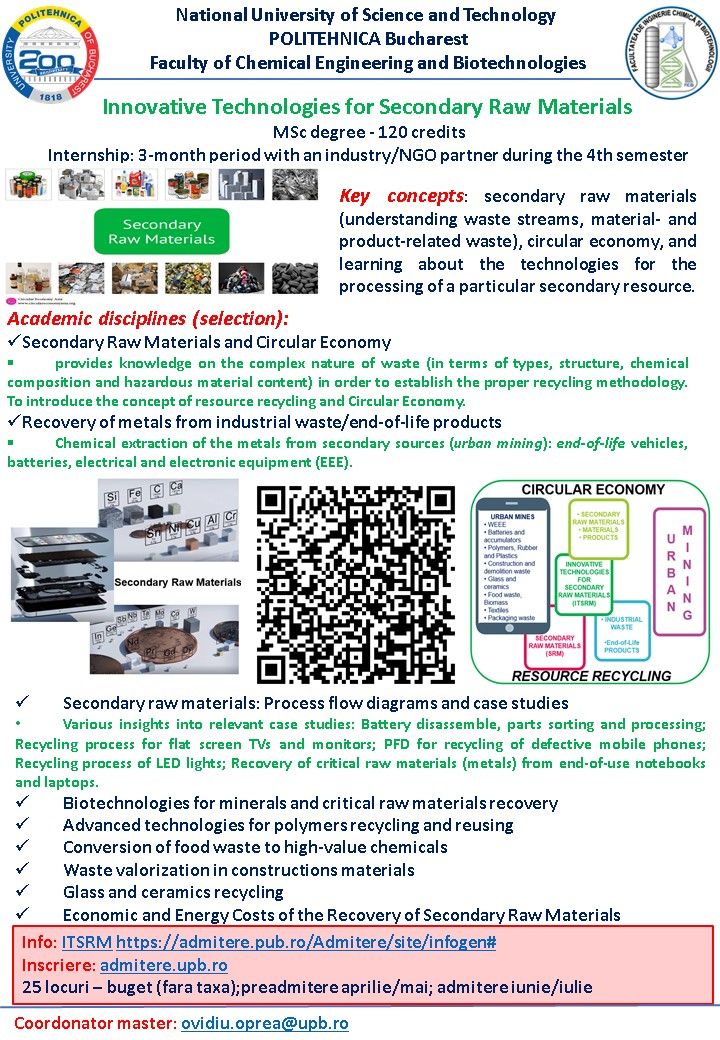 Imagine reprezentativă pentru Innovative Technologies for Secondary Raw Materials / Tehnologii inovative pentru materii primite